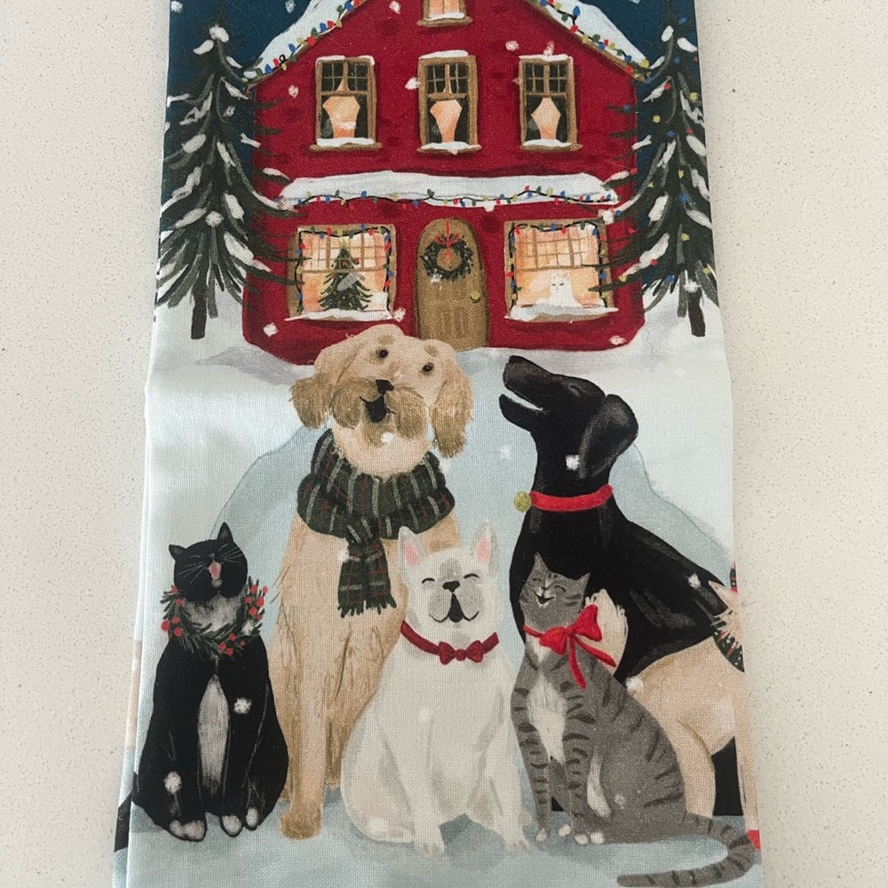Anthropologie dog and cat carolers dish towel